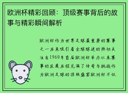 欧洲杯精彩回顾：顶级赛事背后的故事与精彩瞬间解析