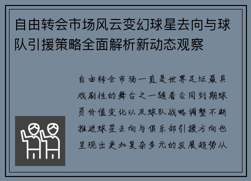 自由转会市场风云变幻球星去向与球队引援策略全面解析新动态观察